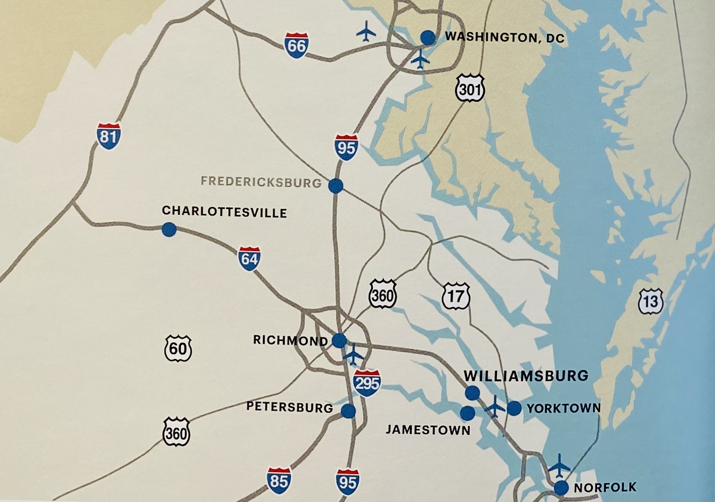 A map from The Guide to Colonial Williamsburg shows the proximity between Washington DC and Williamsburg, VA.