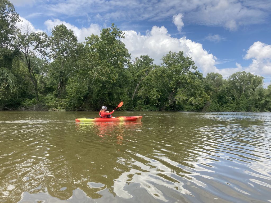My husband paddled a kayak with my 3-year-old in tow.