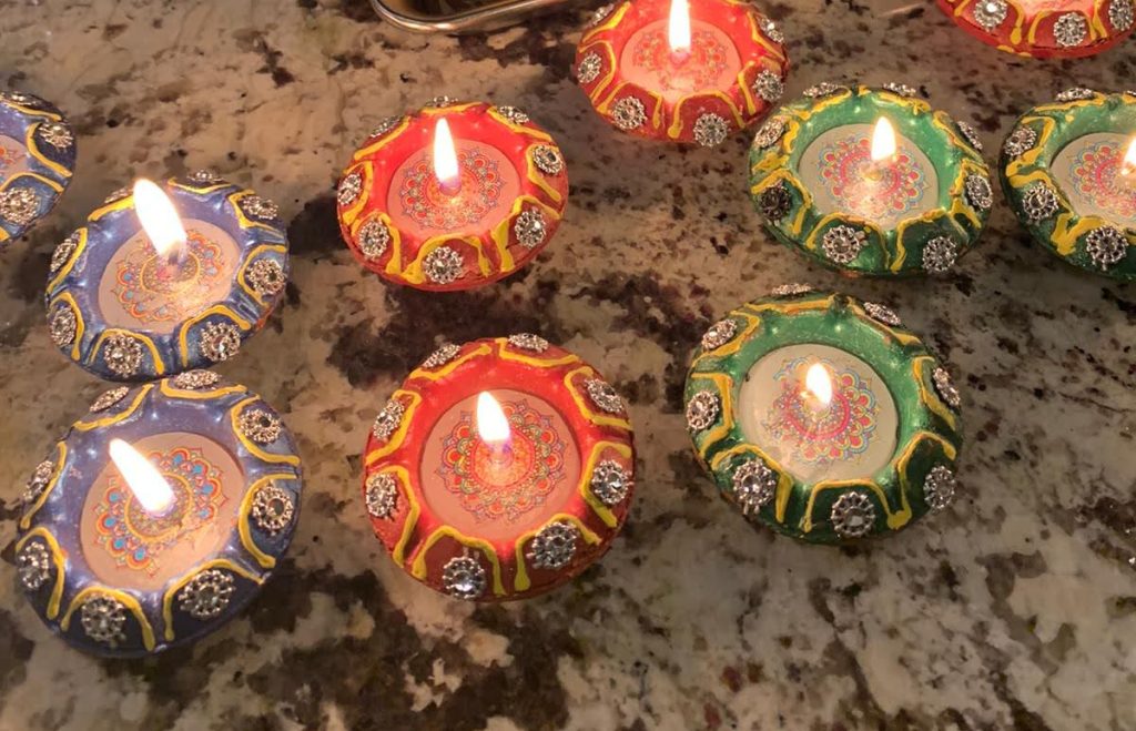 colorful tealights on a kitchen counter