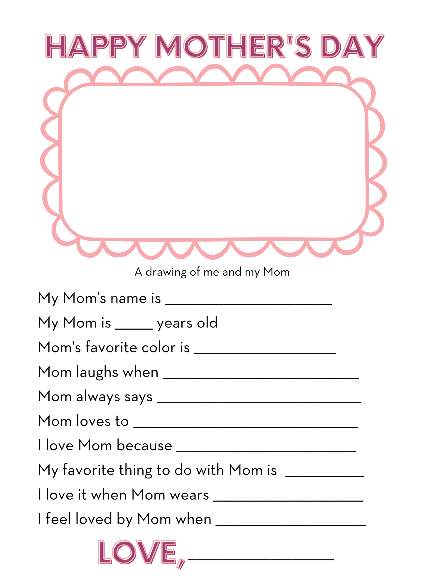Mothers Day Printable, What I Love About Mom Printable for Kids 