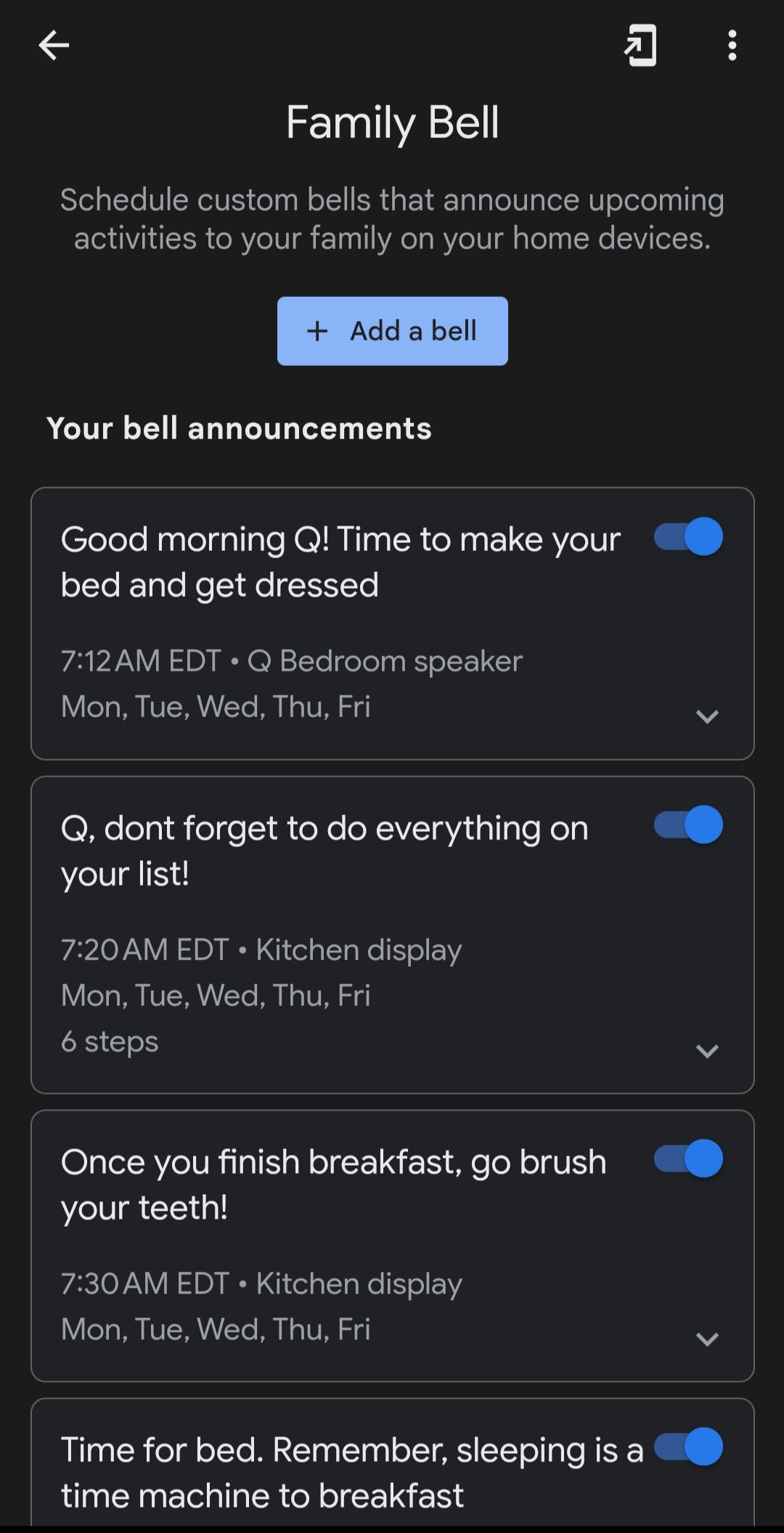 Screenshot of Google Family Bell alerts