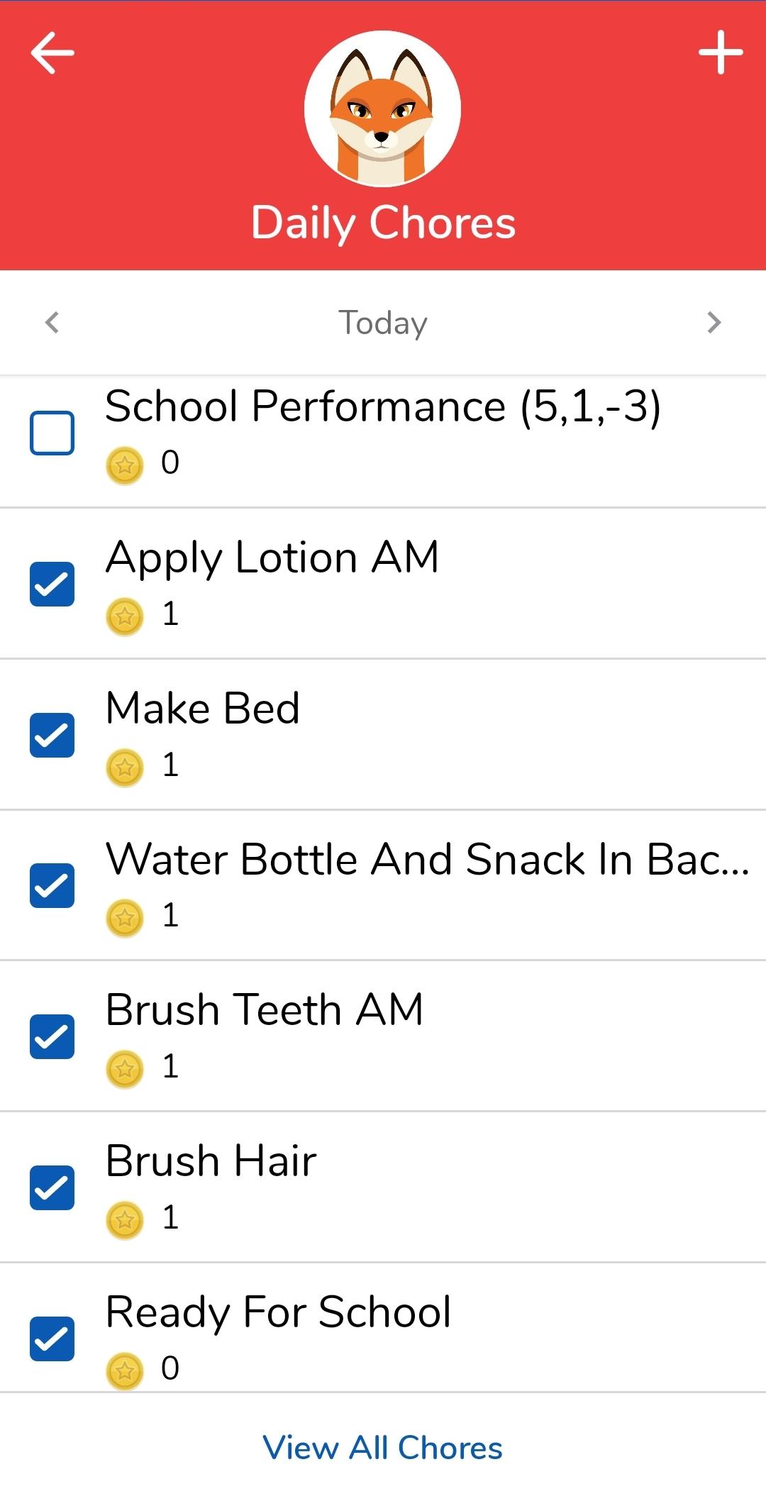 Screenshot of chore list on smart watch app.